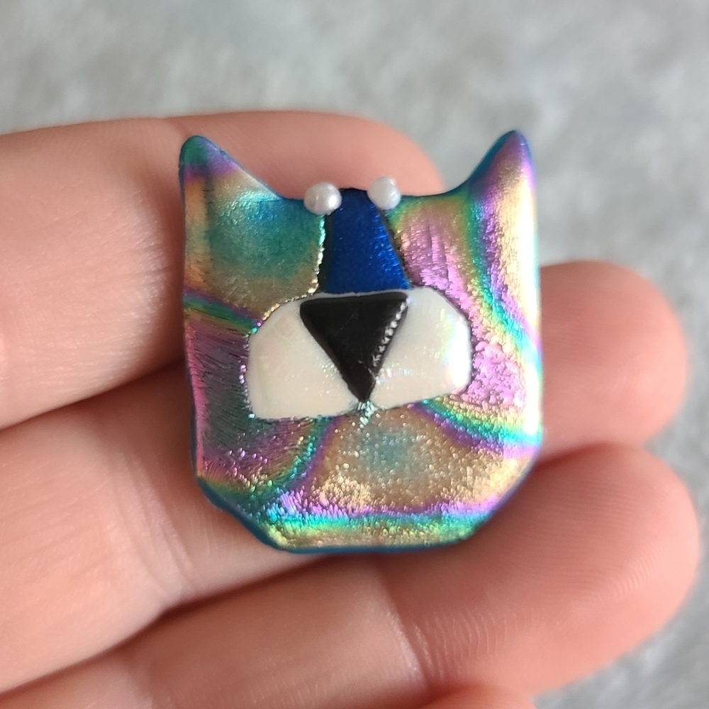 Vintage Iridescent Blue/pink Colorful Cat Brooch